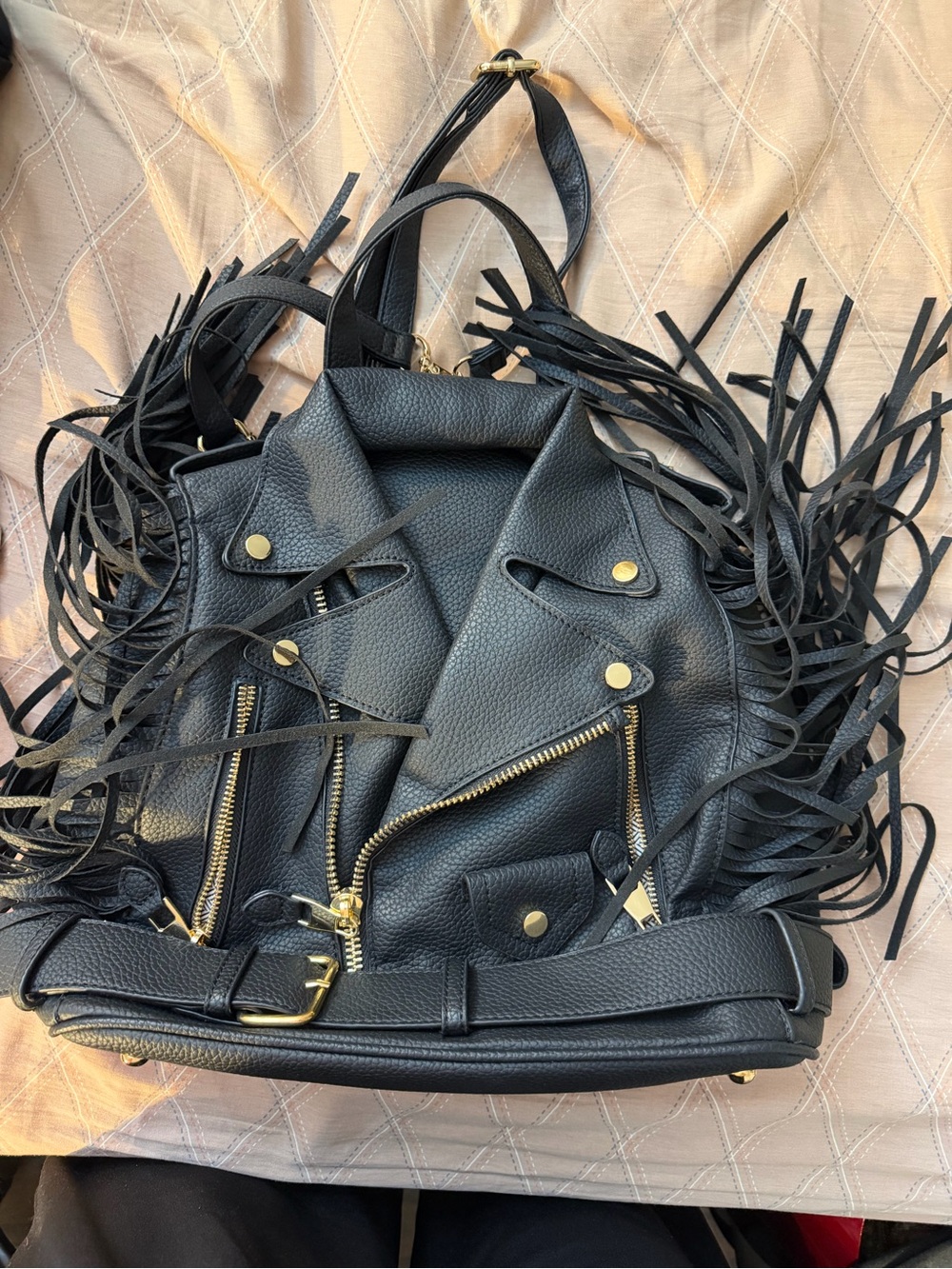 Black Fringe Moto Backpack Handbag - Women Faux Leather